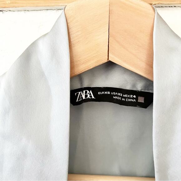 Zara Light Blue Satin Short Sleeve Top with Tie Detail V-Neckline Top Size XS - Picture 2 of 5